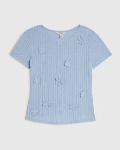 Blue Cotton Blend 3D Flower Trim Top