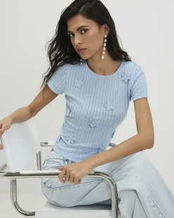 Blue Cotton Blend 3D Flower Trim Top