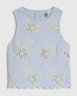 Blue Cotton Blend Embroidered Crochet Top