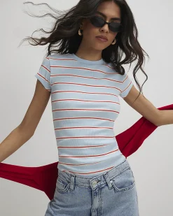 Blue Cotton Blend Fitted Striped T-Shirt