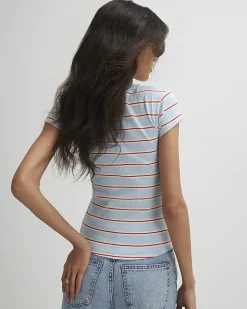 Blue Cotton Blend Fitted Striped T-Shirt