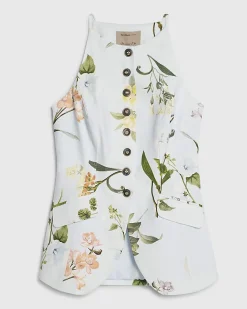 Blue Cotton Blend Floral Longline Waistcoat