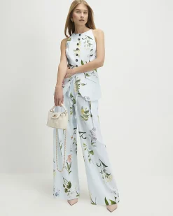Blue Cotton Blend Floral Longline Waistcoat