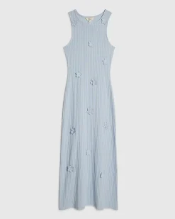 Blue Cotton Blend Flower Trim Midi Dress
