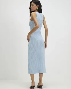 Blue Cotton Blend Flower Trim Midi Dress