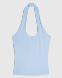 Blue Cotton Blend Halter Neck Tank Top