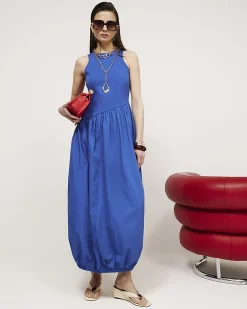 Blue Cotton Blend Hybrid Maxi Dress
