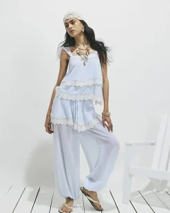 Blue Cotton blend Lace Trim Tiered Cami Top