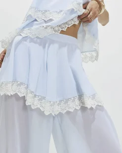 Blue Cotton blend Lace Trim Tiered Cami Top
