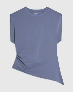Blue Cotton Blend Ruched Side T-shirt