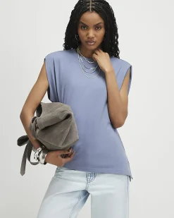 Blue Cotton Blend Ruched Side T-shirt