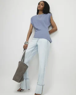 Blue Cotton Blend Ruched Side T-shirt