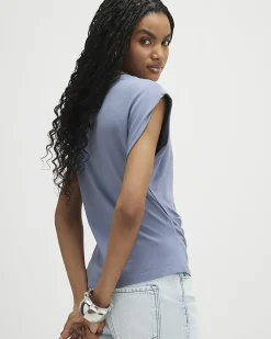 Blue Cotton Blend Ruched Side T-shirt