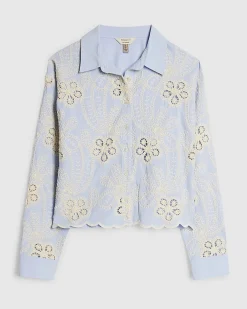 Blue Cotton Blend Scallop Edge Crochet Shirt