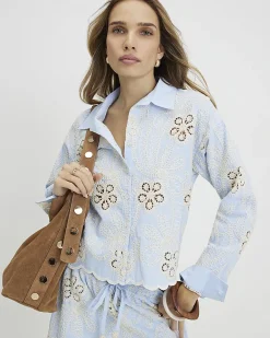 Blue Cotton Blend Scallop Edge Crochet Shirt