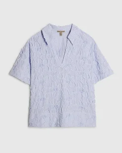 Blue Cotton Blend Striped Floral Polo Shirt