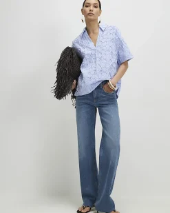 Blue Cotton Blend Striped Floral Polo Shirt