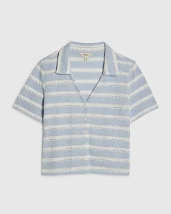 Blue Cotton Blend Striped crochet Shirt