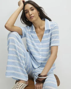 Blue Cotton Blend Striped crochet Shirt