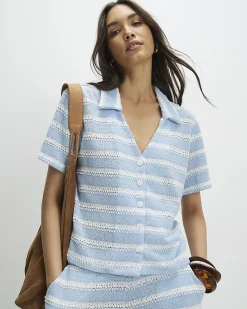 Blue Cotton Blend Striped crochet Shirt