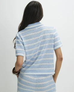 Blue Cotton Blend Striped crochet Shirt