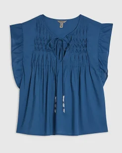 Blue Cotton blend Tie Neck Short Sleeve Top