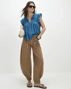 Blue Cotton blend Tie Neck Short Sleeve Top