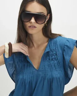 Blue Cotton blend Tie Neck Short Sleeve Top