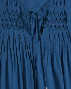 Blue Cotton blend Tie Neck Short Sleeve Top