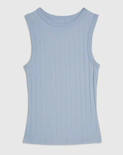 Blue Cotton Blend Wide Rib Tank Top