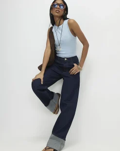 Blue Cotton Blend Wide Rib Tank Top