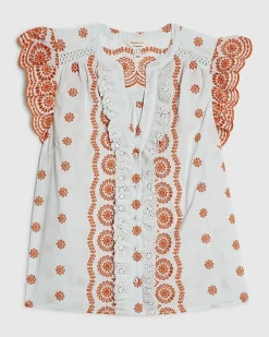 Blue Cotton Broderie Frill Sleeve Blouse