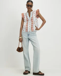 Blue Cotton Broderie Frill Sleeve Blouse