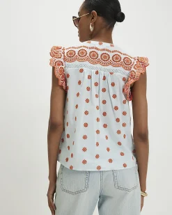 Blue Cotton Broderie Frill Sleeve Blouse