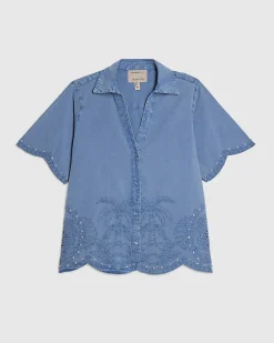 Blue Cotton Chambray Broderie Studded Shirt