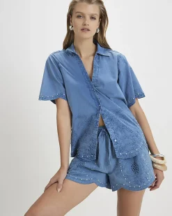 Blue Cotton Chambray Broderie Studded Shirt