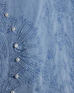 Blue Cotton Chambray Broderie Studded Shirt