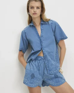 Blue Cotton Chambray Broderie Studded Shorts