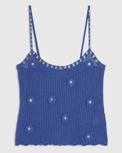 Blue Cotton Embellished Flower Knit Cami Top
