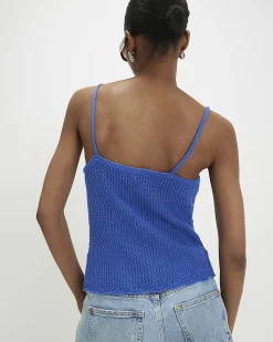 Blue Cotton Embellished Flower Knit Cami Top