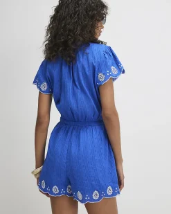 Blue Cotton Embroidered Playsuit