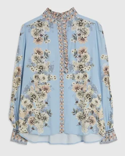 Blue Cotton Floral Boarder Print Blouse