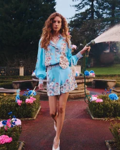 Blue Cotton Floral Boarder Print Blouse