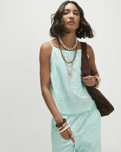 Blue Cotton Floral 3D Embroidered Tank Top