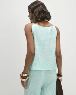 Blue Cotton Floral 3D Embroidered Tank Top