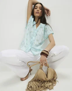 Blue Cotton Floral Frill Short Sleeve Blouse