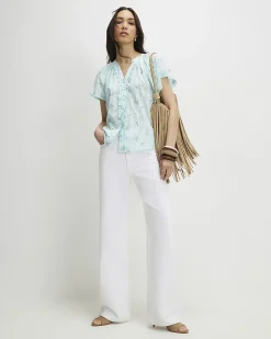 Blue Cotton Floral Frill Short Sleeve Blouse