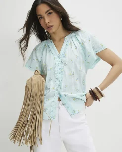 Blue Cotton Floral Frill Short Sleeve Blouse