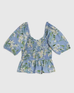 Blue Cotton Floral Print Puff Sleeve Top
