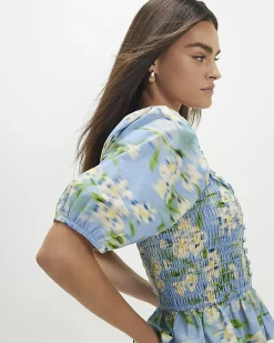 Blue Cotton Floral Print Puff Sleeve Top